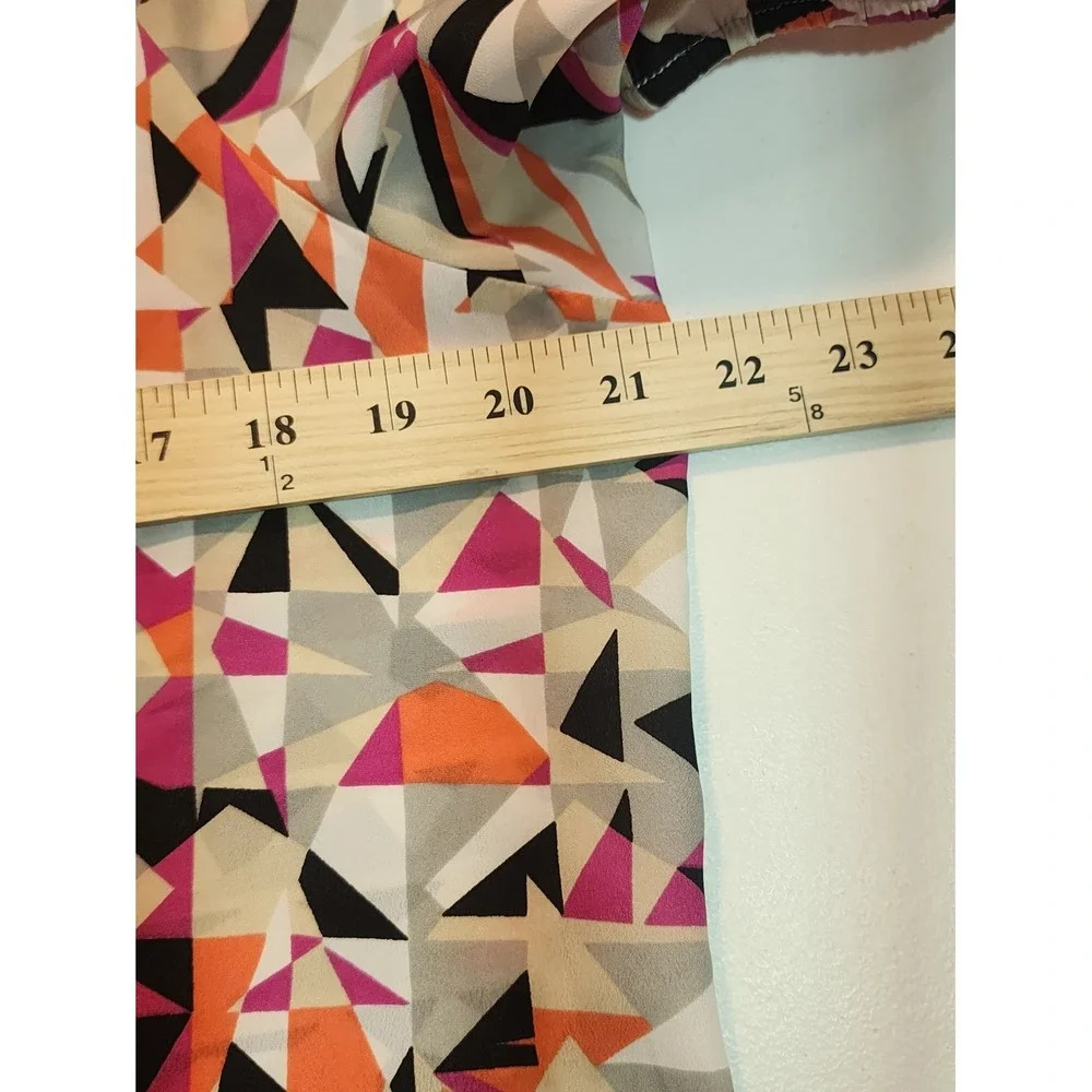 LOFT Geometric Triangle Print Puff Sleeve Blouse Orange Pink Black Large